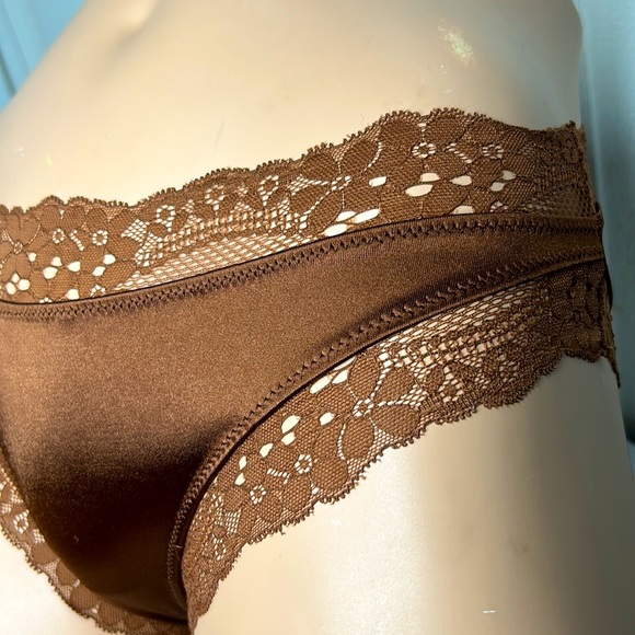 LAST PAIR! Silky Glossy Satin Lace Trim Chocolate Brown Cheeky Panty Sz S NWT - Picture 13 of 17